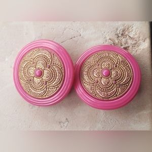 1980s Vintage hot pink with gold ornate Moroccan motif mandala clip on earrings